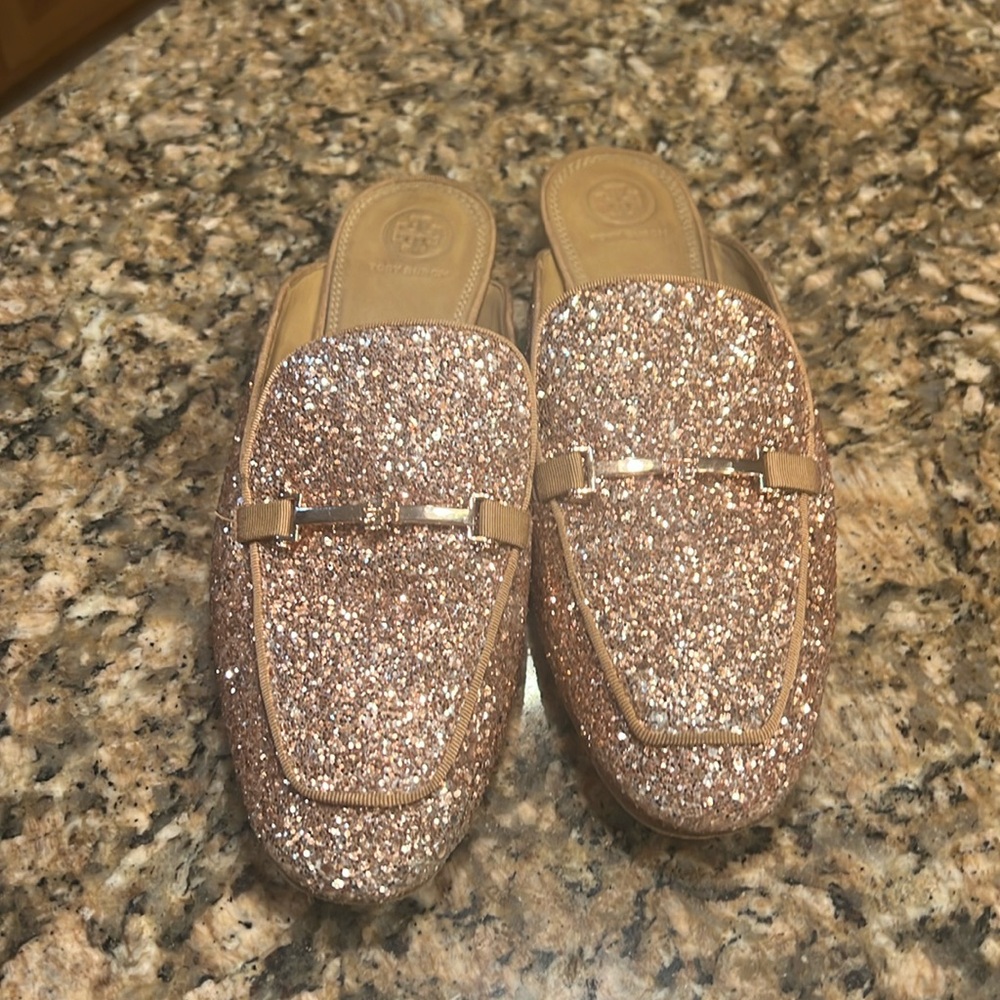 Tory Burch Amelia backless Glitter Mule Size 10M rose gold slide on shoe